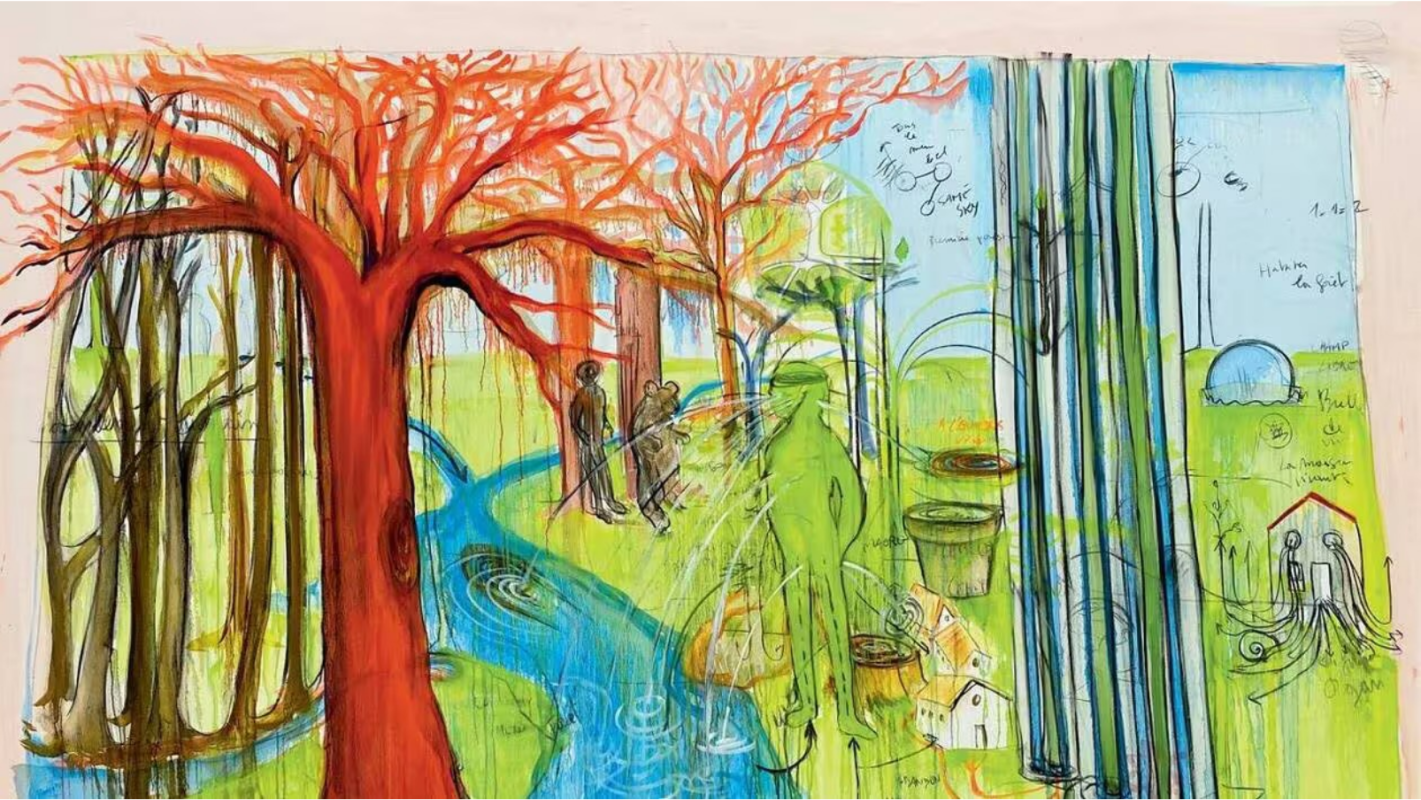 L'arbre rouge (2022) Fusain, peinture à l’huile et pastel sur toile, 220 x 300 cm - Collection de l’artiste. © Fabrice Hyber / Adagp, Paris, 2022